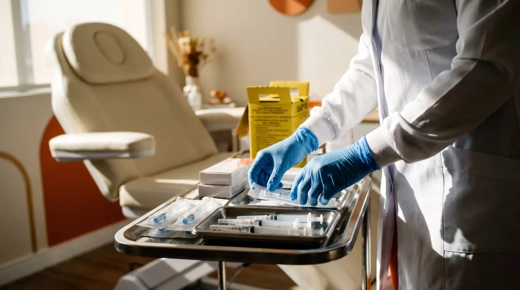 Profissional de saúde organiza materiais descartáveis e produtos lacrados em sala de procedimentos estéticos