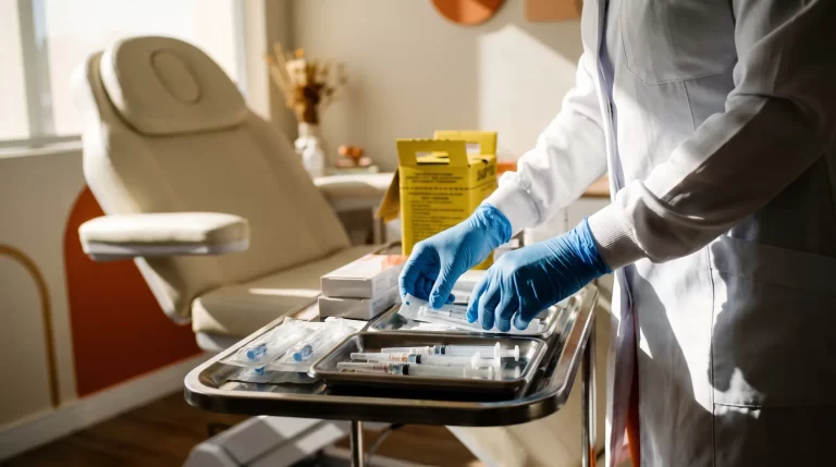 Profissional de saúde organiza materiais descartáveis e produtos lacrados em sala de procedimentos estéticos