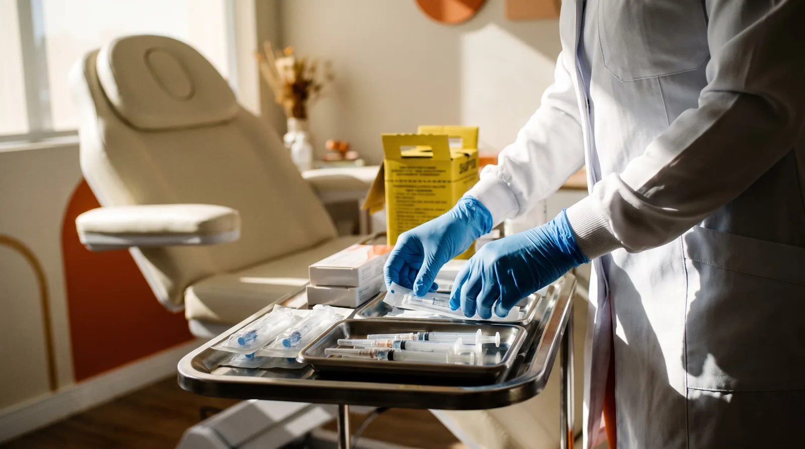 Profissional de saúde organiza materiais descartáveis e produtos lacrados em sala de procedimentos estéticos