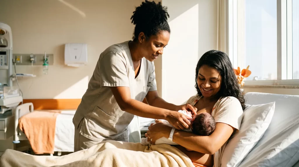 Enfermeira orienta mãe na amamentação do recém-nascido em uma maternidade