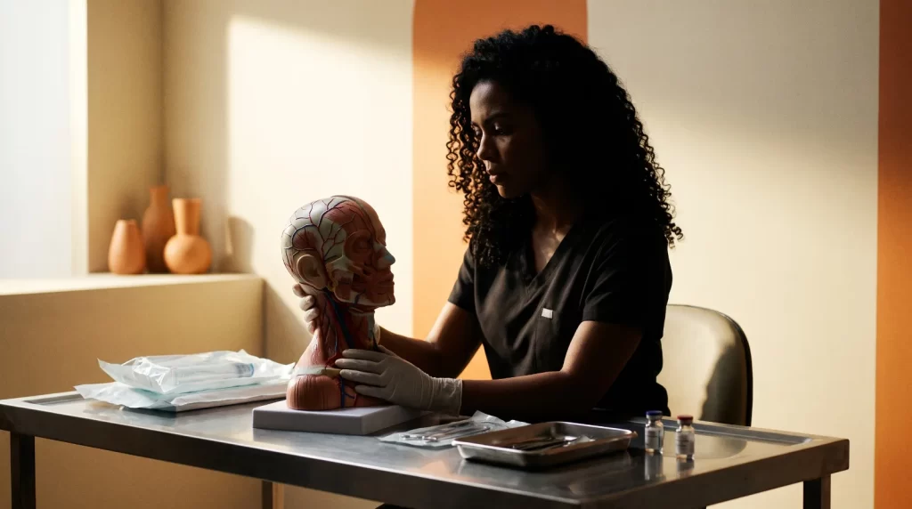 Profissional de saúde estuda um modelo anatômico dos vasos da face em uma clínica de estética