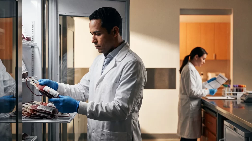 Profissional de laboratório manuseia bolsas de sangue em um banco de sangue