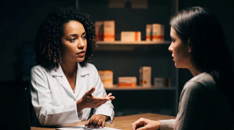 Farmacêutico conversa com paciente em sala de consulta farmacêutica