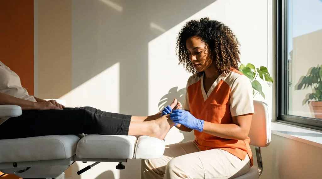 Enfermeira examina o pé de um paciente em consultório de podiatria clínica