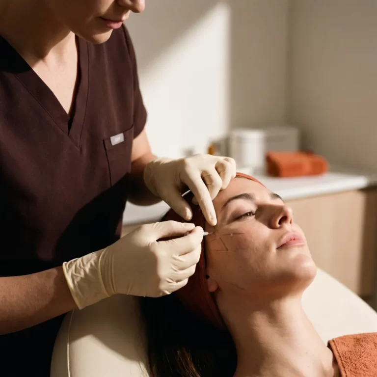 Imagem ilustrativa: Profissional aplica injetável facial com pontos de marcação