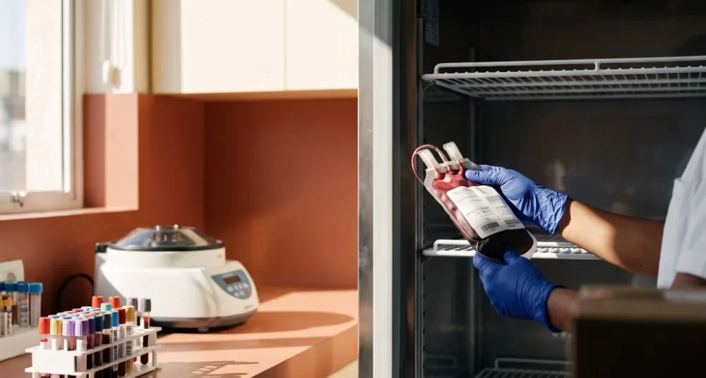 Imagem ilustrativa: Bolsa de sangue guardada no refrigerador do banco de sangue