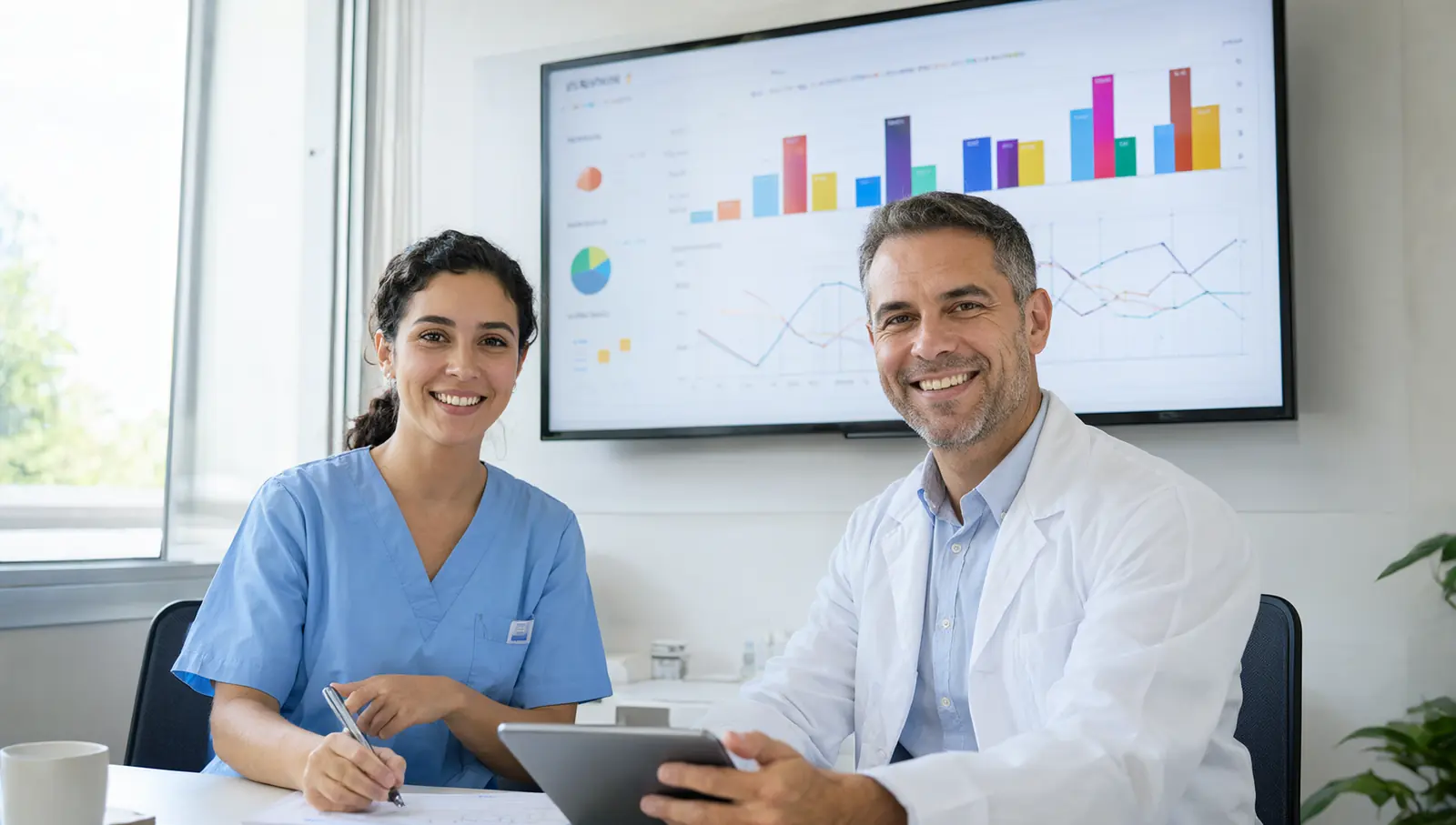 Enfermeira e gestor de saúde analisam painel de indicadores com gráficos em uma tela