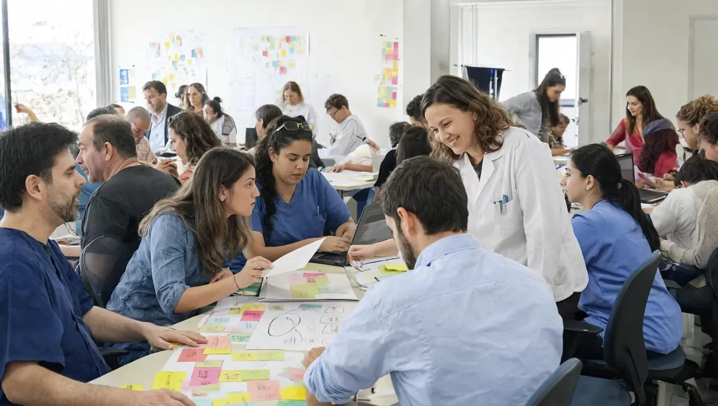 Profissionais da saúde e da gestão em oficina de pós-graduação com notas adesivas, orientados por professora