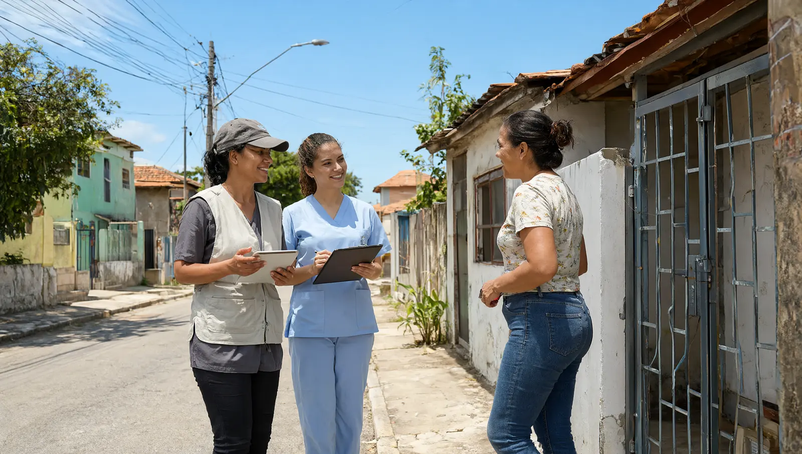 Agente comunitária de saúde e enfermeira conversam com moradora no portão de casa durante visita no bairro