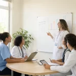 Gestora de saúde conduz reunião com equipe multiprofissional na unidade de saúde, diante de um quadro com gráfico e escala