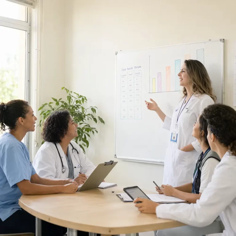 Gestora de saúde conduz reunião com equipe multiprofissional na unidade de saúde, diante de um quadro com gráfico e escala